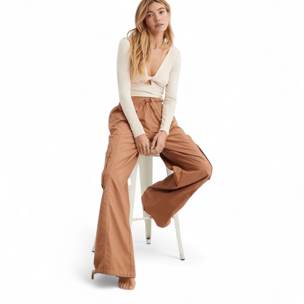 Aerie‎ Parachute Cargos S | 90s Y2K Baggy Pants w/ Tie Hems Beach Dune Neutral